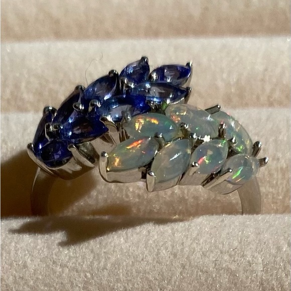ETHIOPIAN WELLO OPAL and AAA TANZANITE Ring Platinum over Sterling Silver - Picture 4 of 14